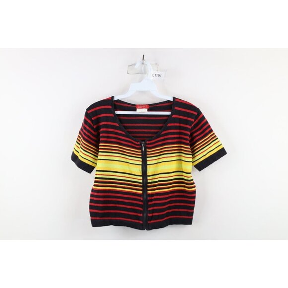 Vintage 90s Esprit Womens Large Faded Striped Knit Cropped Fit Full Zip T-Shirt - Picture 1 of 7